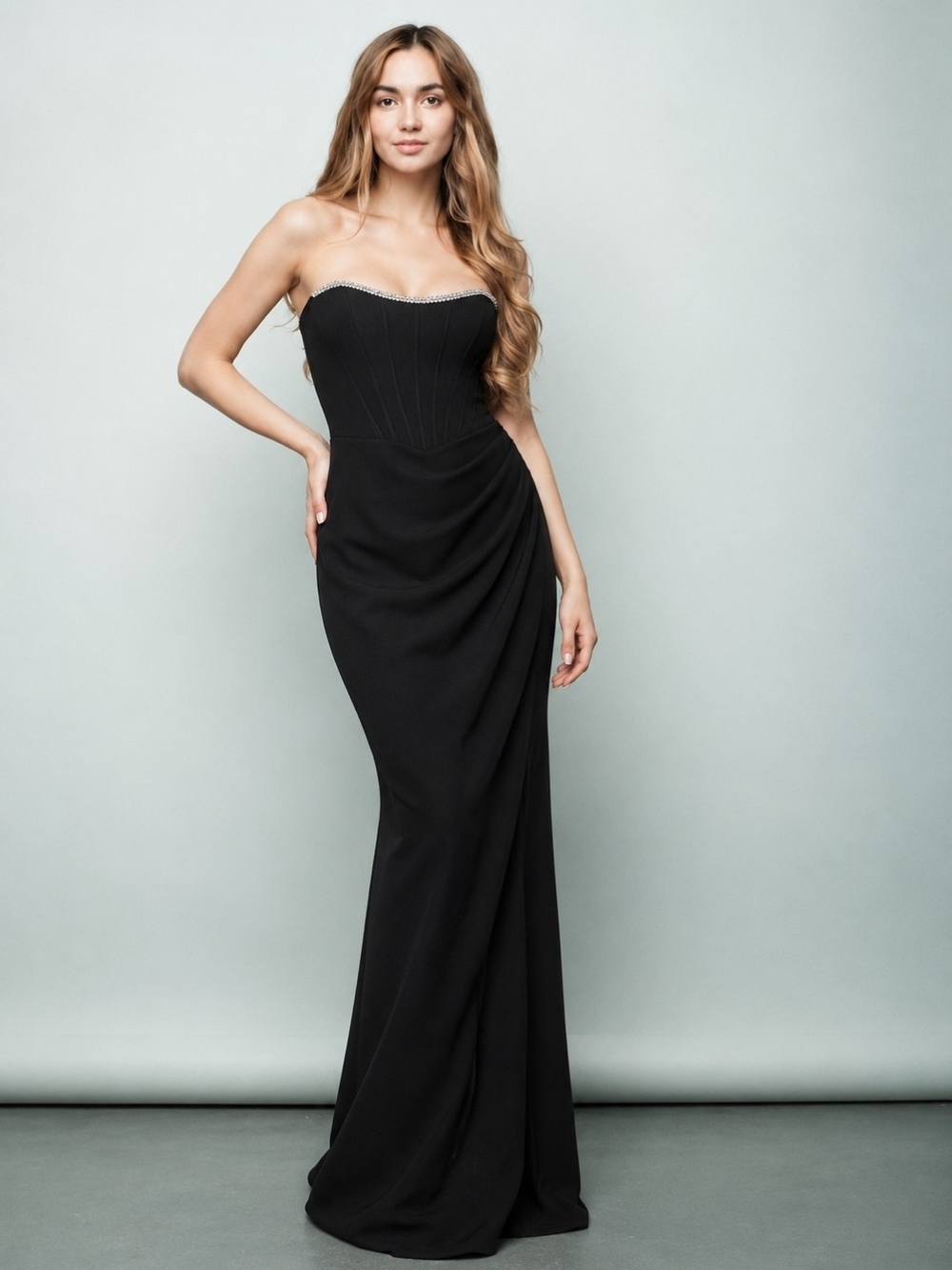 Emerald Sundae Strapless Black Evening Gown with Rhinestone Accent
